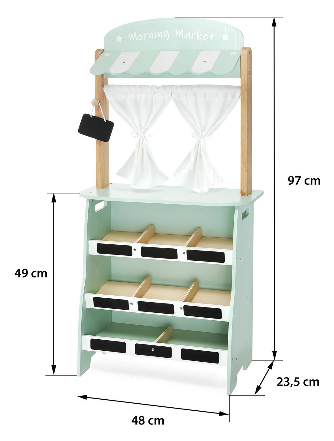 Gran tienda de madera - puesto y teatro 2en1 con báscula, terminal de pago, verduras y frutas