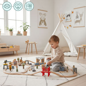 Ferrocarril urbano de madera con tren eléctrico: grúa móvil, barco, puentes