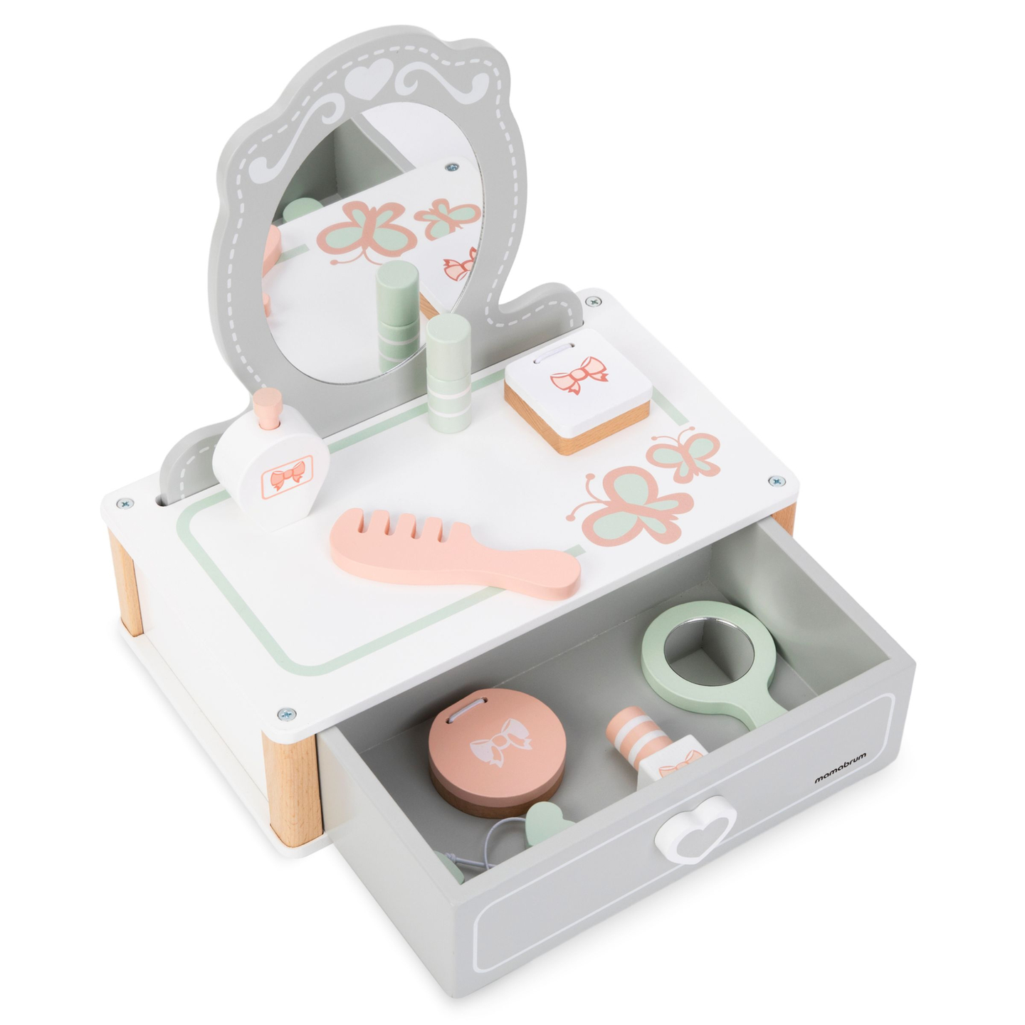 Tocador de madera para niños con accesorios.