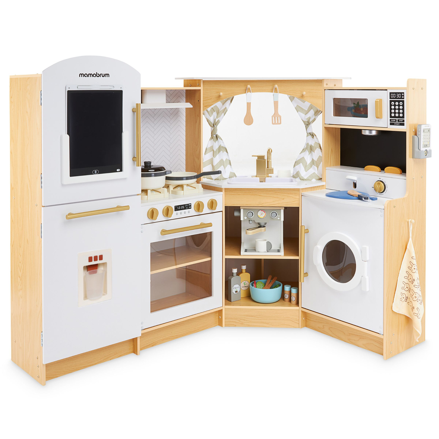XXXXL gran cocina interactiva de madera con iluminación LED, lavadora microondas cafetera y juego de frutas y verduras - 50 elementos