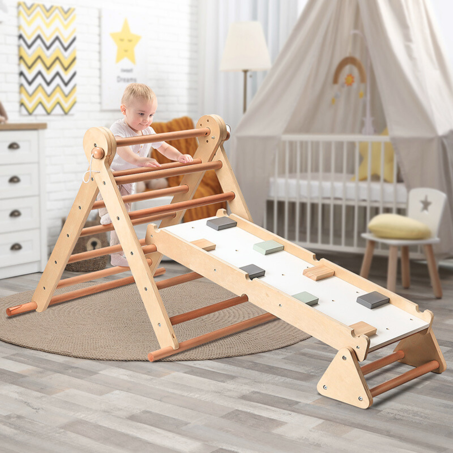 Parque infantil de madera para niños - escalera + rocódromo + barra de equilibrio - Triángulo de Pikler