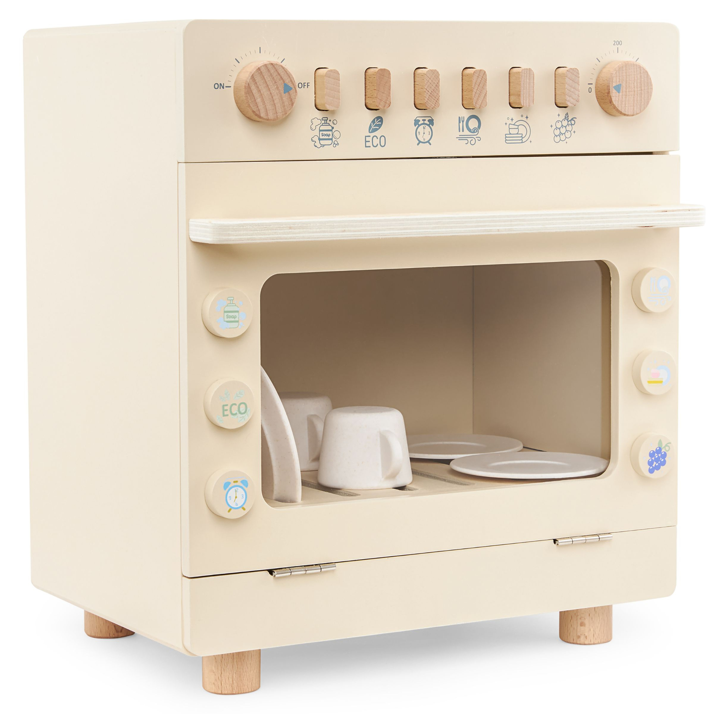 Lavavajillas de madera con accesorios.