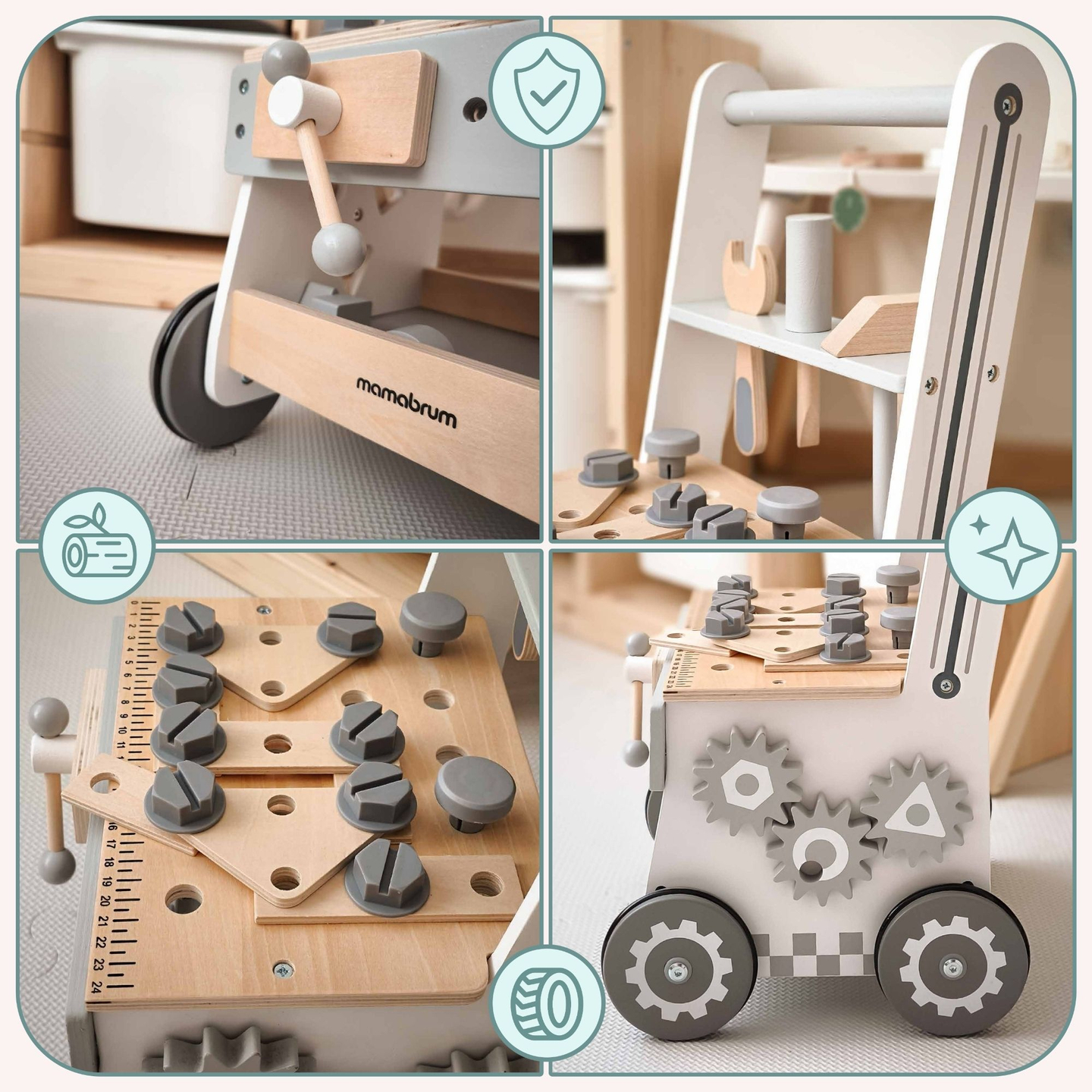 Andador de madera 3en1, empujador + taller - 47 elementos