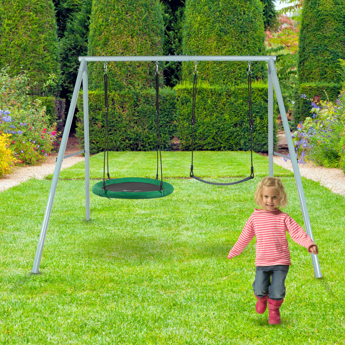 Columpio de jardín doble con estructura y cuerdas - asiento y nido de cigüeña
