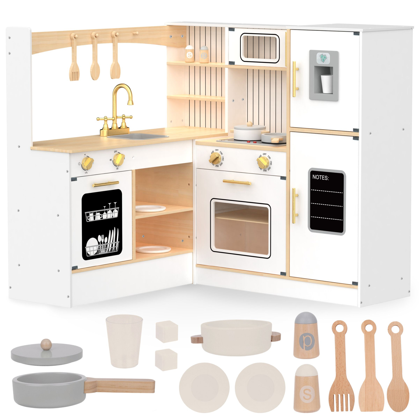 XXXL cocina de esquina interactiva de madera con frigorífico, microondas, horno, lavavajillas y accesorios - blanco