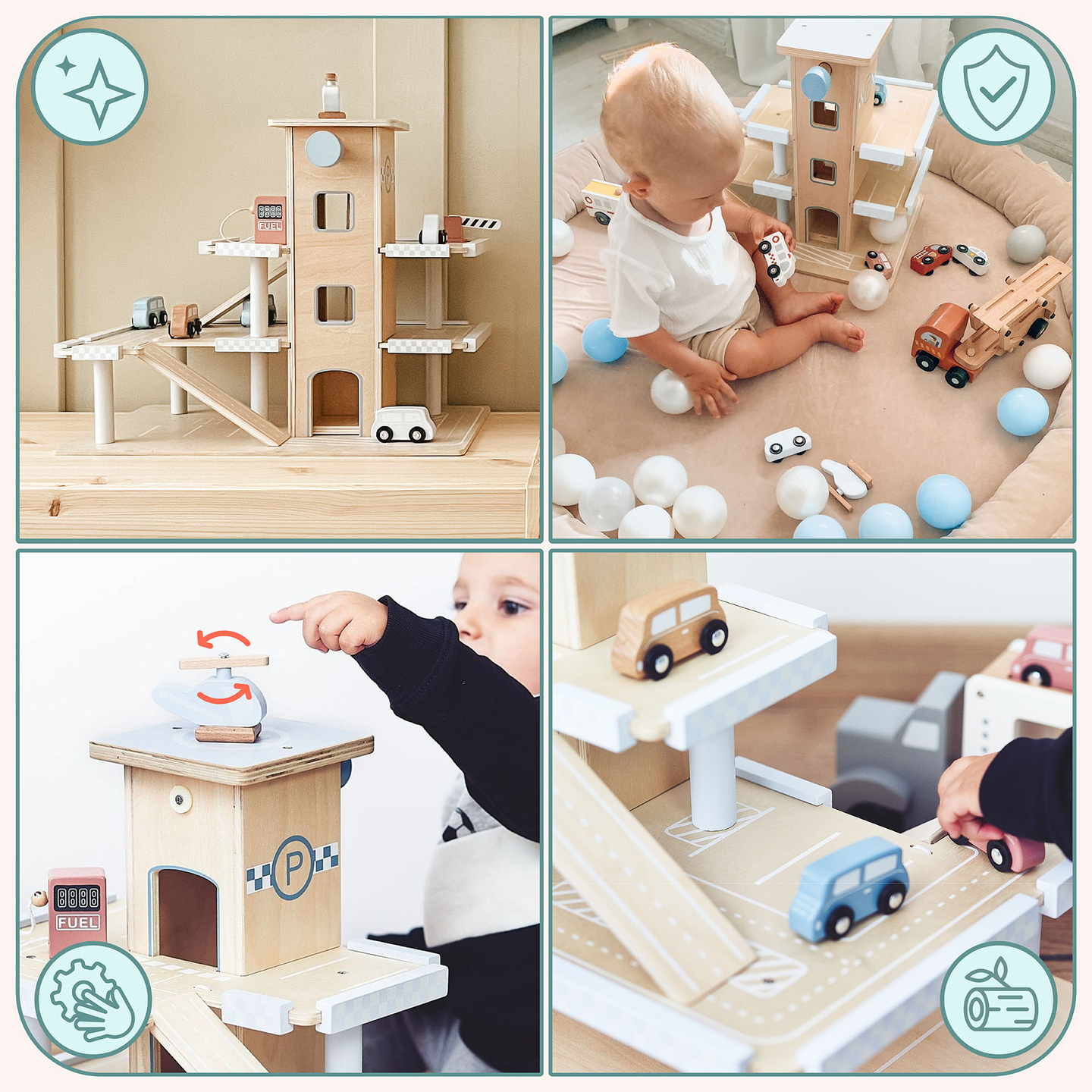 Estacionamiento de madera de tres niveles con ascensor - garaje para autos y helicóptero