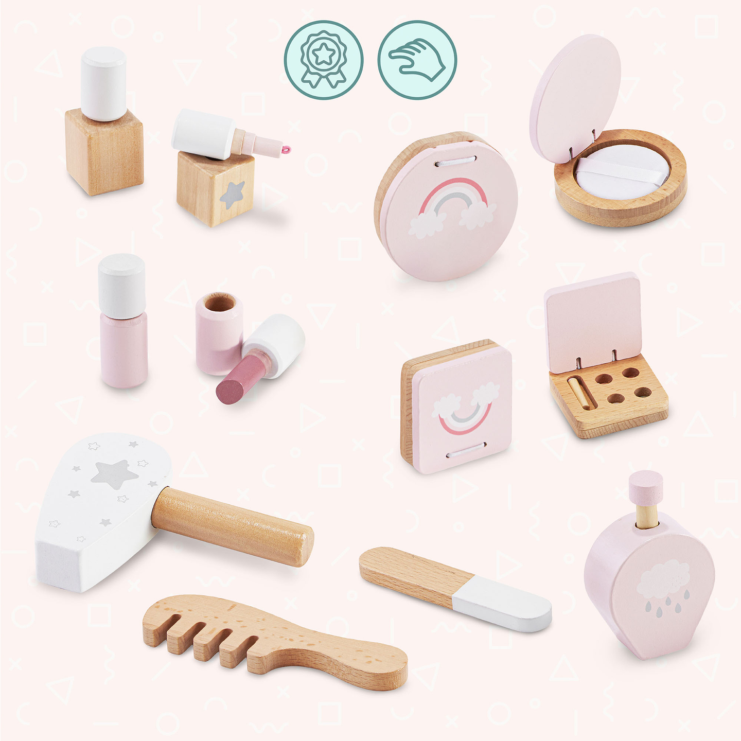 Tocador de madera para niños con iluminación LED con ajuste suave de brillo, silla y accesorios.