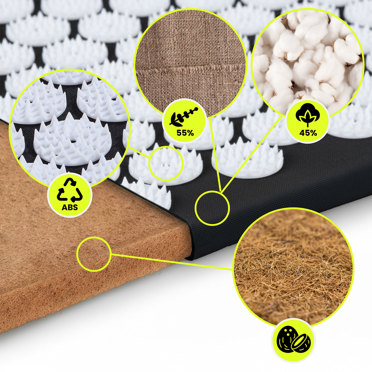 Esterilla de acupresión de lino ecológico con fibra de coco y cojín de trigo sarraceno – 68 cm HyperMotion Blanco y Negro