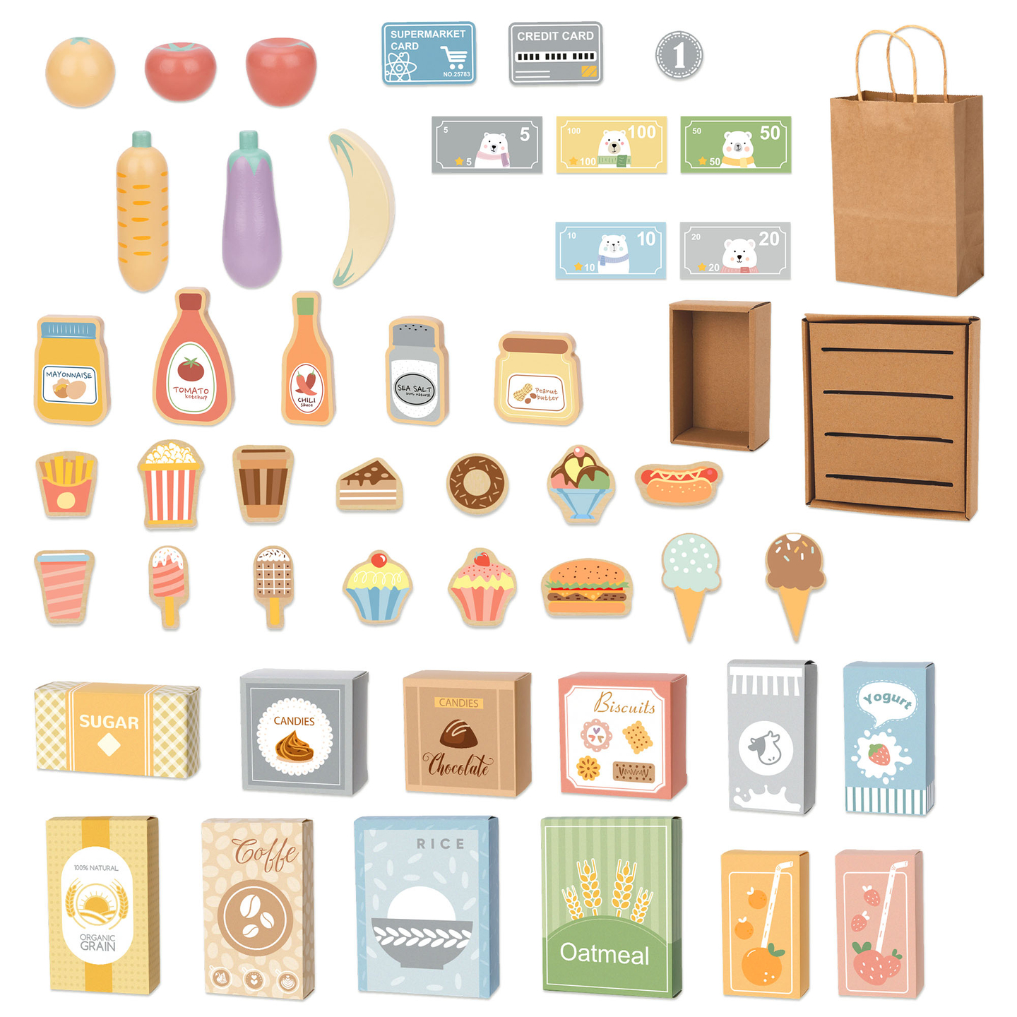 Gran tienda infantil de madera con pizarra: ¡91 piezas para divertirse comprando!