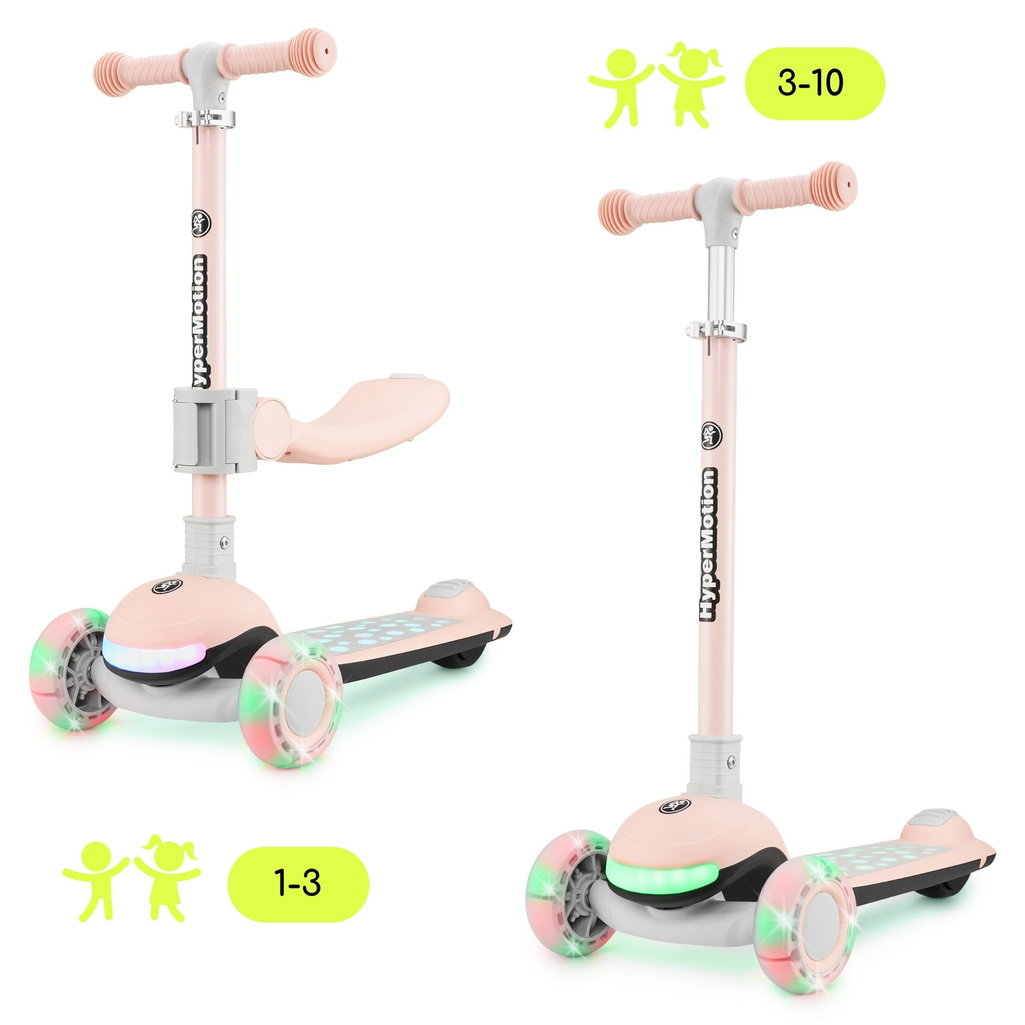 Patinete de equilibrio 3 en 1 HyperMotion LUMI - plataforma iluminada y ruedas LED, color rosa