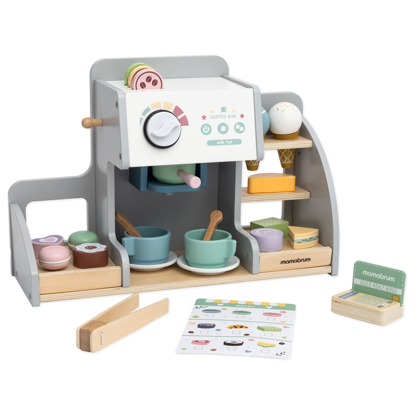 Una gran heladería de madera con pizarra magnética, cafetera y juego de helados y postres: ¡más de 70 piezas!