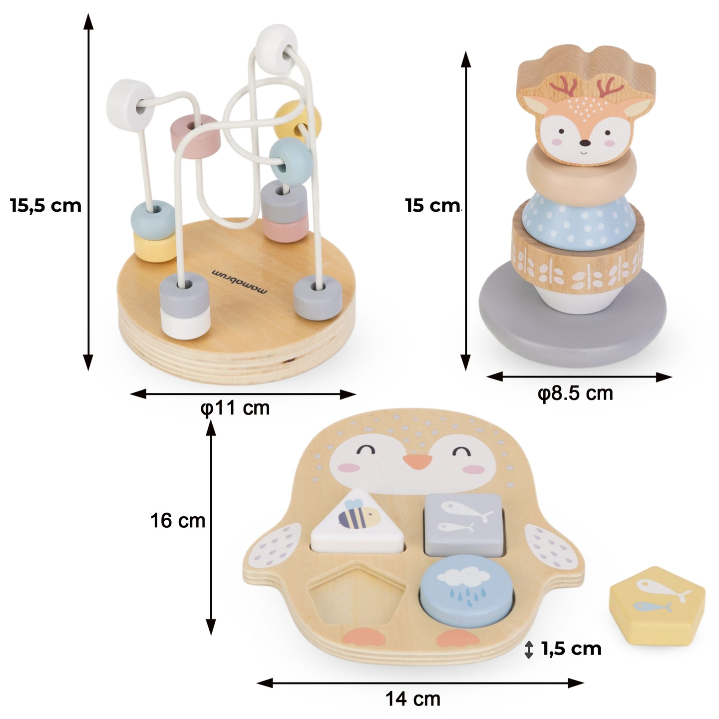 Un conjunto de juguetes de madera: un entrelazado de colores, una pirámide de ciervos y un clasificador de pingüinos.
