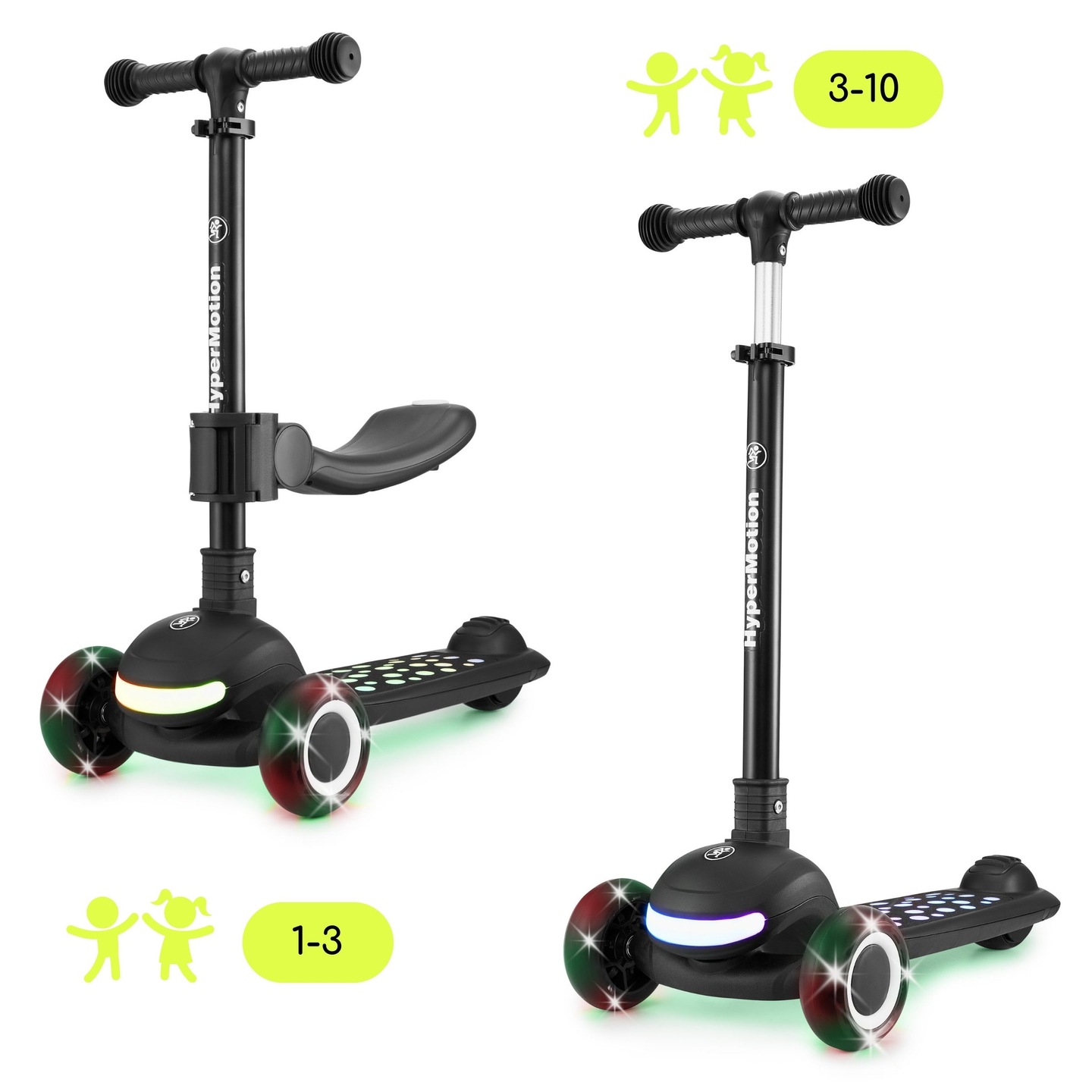 Patinete de equilibrio 3 en 1 HyperMotion LUMI - plataforma iluminada y ruedas LED, color negro