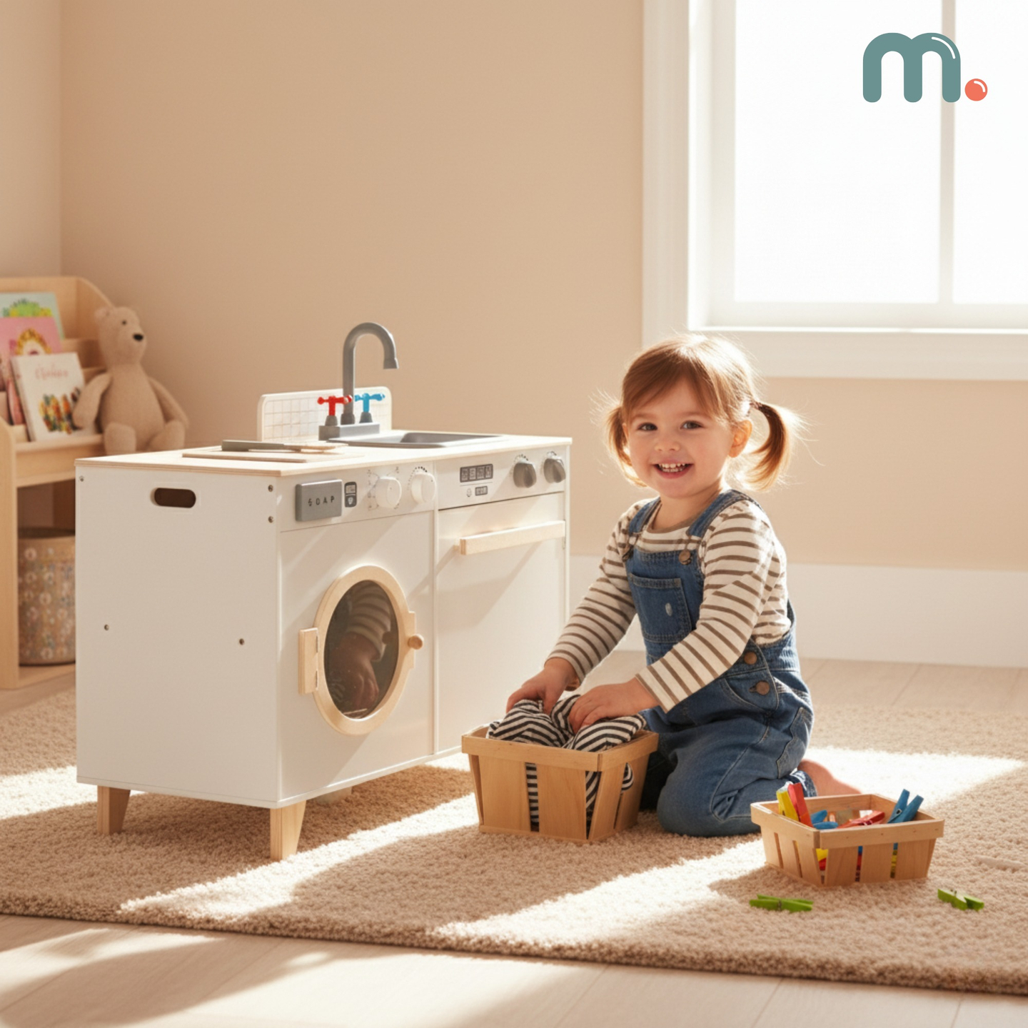 Lavandería y cocina de madera - Juego de hogar 2 en 1 para niños