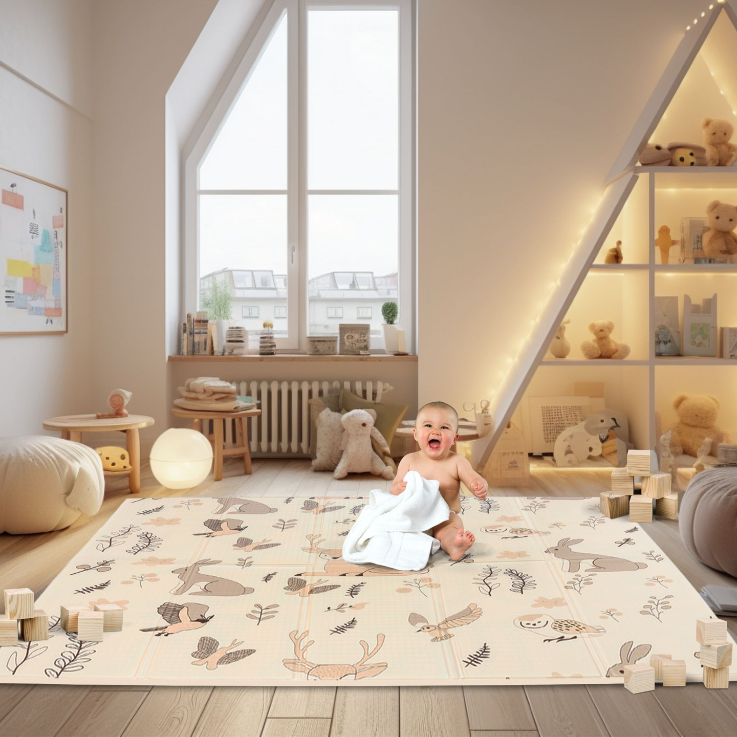 Alfombra de espuma plegable de doble cara 180 x 120 x 1 cm - Bosque Mágico/Calles de Otoño - boho