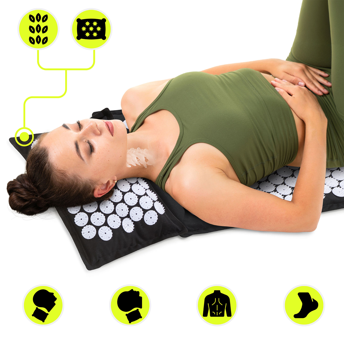 Esterilla de acupresión de lino ecológico con fibra de coco y cojín de trigo sarraceno – 68 cm HyperMotion Blanco y Negro