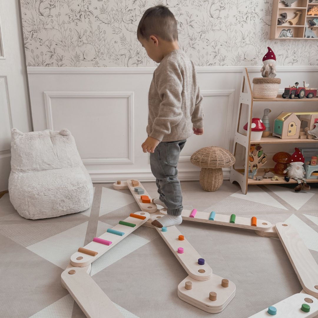 Pista de equilibrio de madera - camino sensorial - 14 elementos