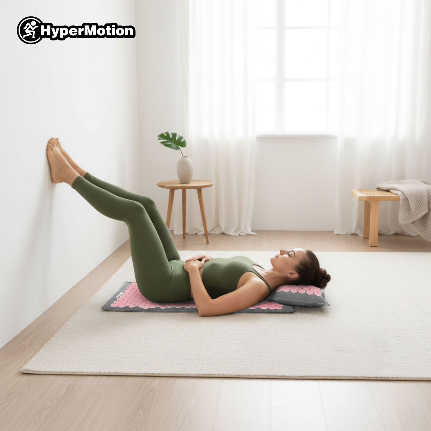 Esterilla de acupresión de lino ecológico con fibra de coco y cojín de trigo sarraceno – 68 cm HyperMotion gris y rosa