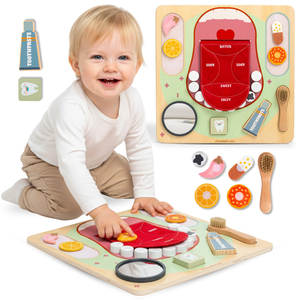 Tablero educativo Montessori de madera Pequeño Dentista: cepillo de dientes, pasta, dientes extraíbles, espejo, comida, sabores de aprendizaje