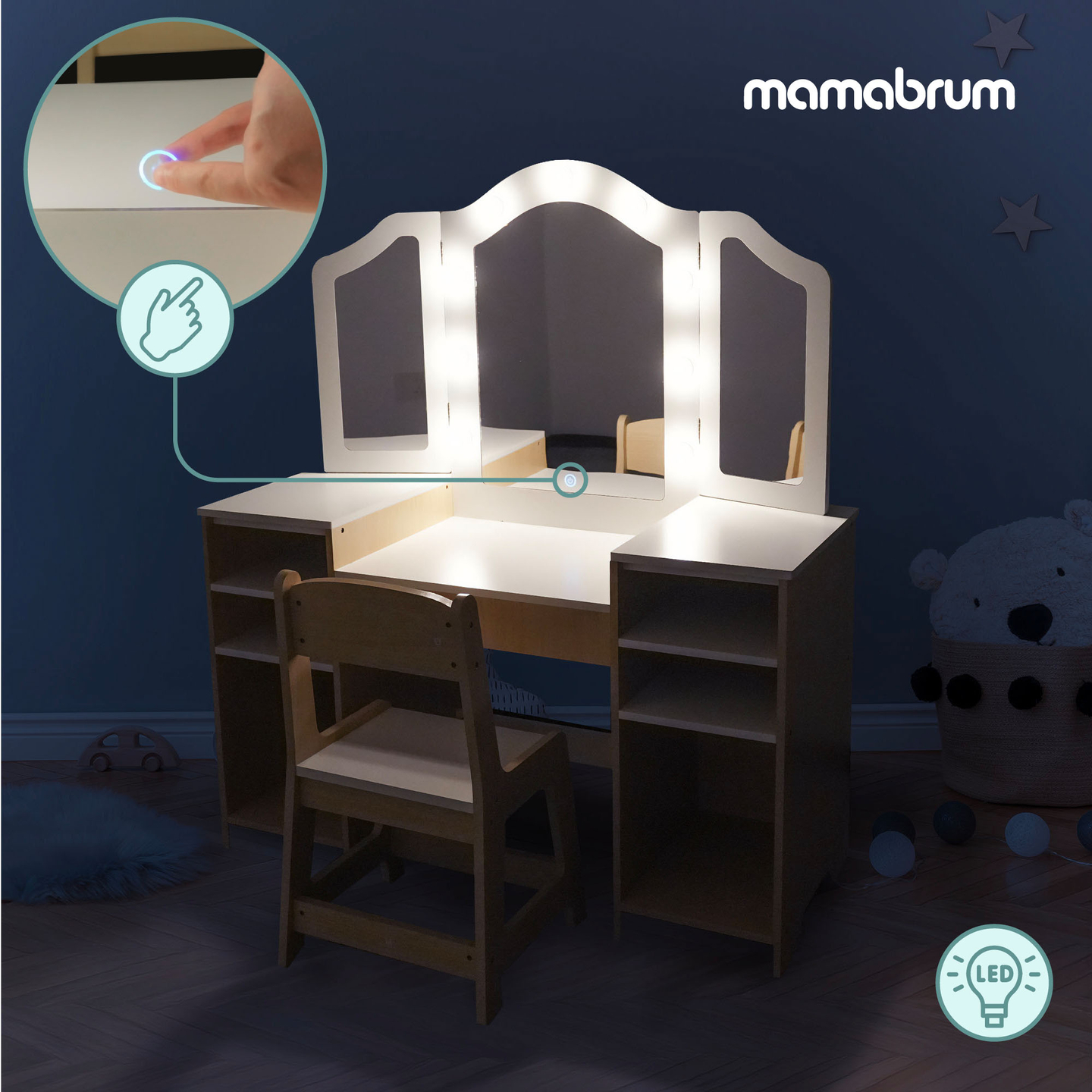 Tocador infantil de madera con silla, accesorios e iluminación LED