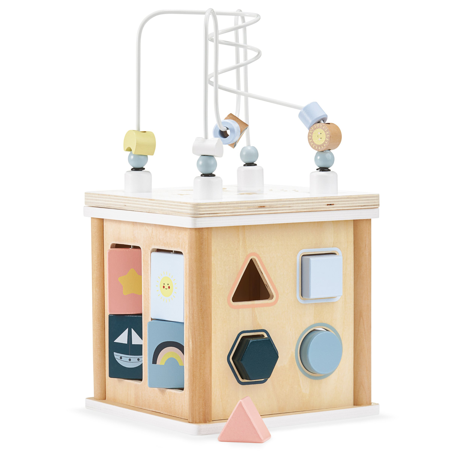 Cubo educativo de madera con formas entrelazadas - clasificador de formas