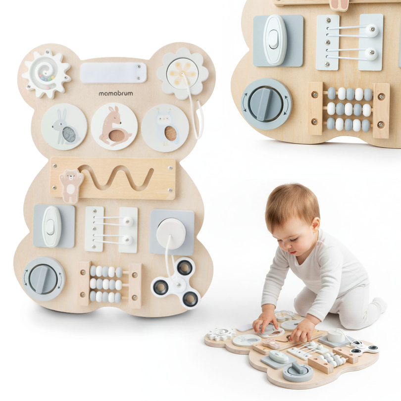 Tablero manipulativo de madera Montessori con forma de osito de peluche: aprendizaje sensorial de la independencia: velcro, enchufe, laberinto, botón de clic