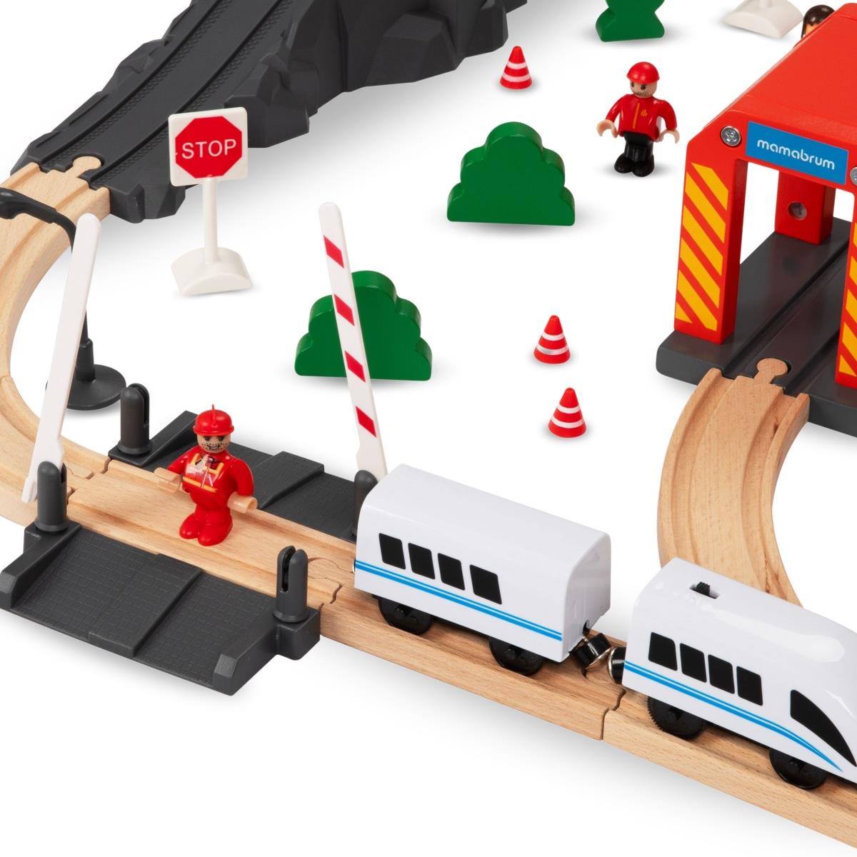 Tren de madera, tren a batería - Bomberos, vías, vagones, puentes, barrera