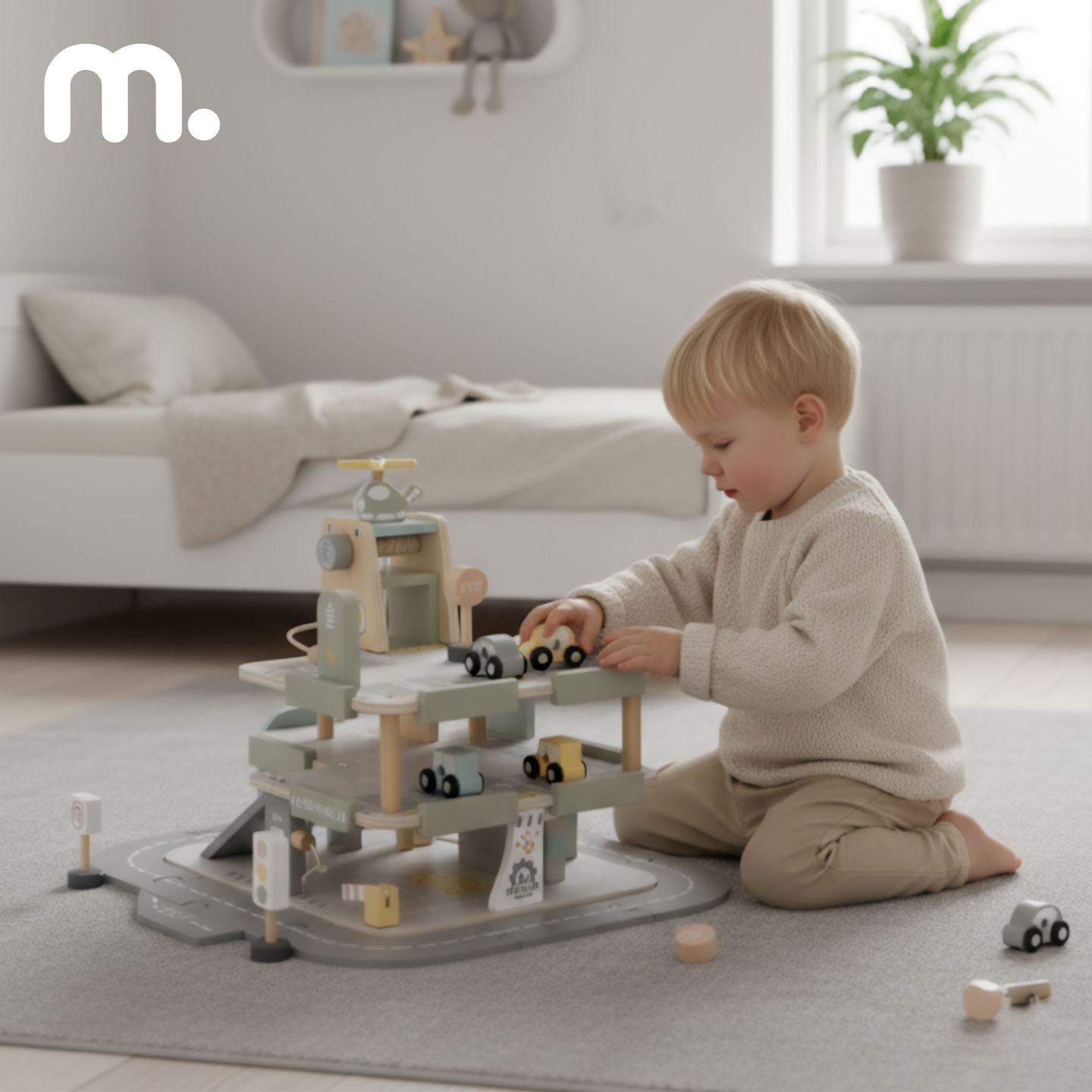 Garaje de madera de tres plantas para niños con accesorios: aparcamiento, gasolinera, lavadero de coches, helicóptero.