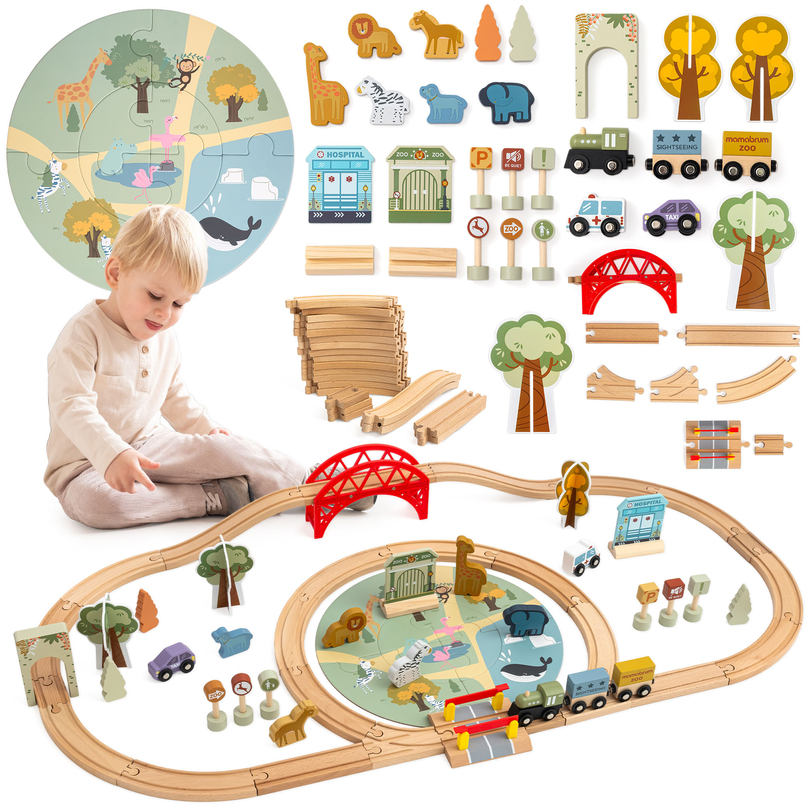Tren de madera del zoológico: rompecabezas, tren, vías, animales, puente, barrera
