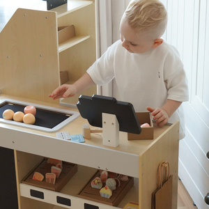 Mercado de verduras de madera - gran puesto XXL, tienda con caja registradora de juguete