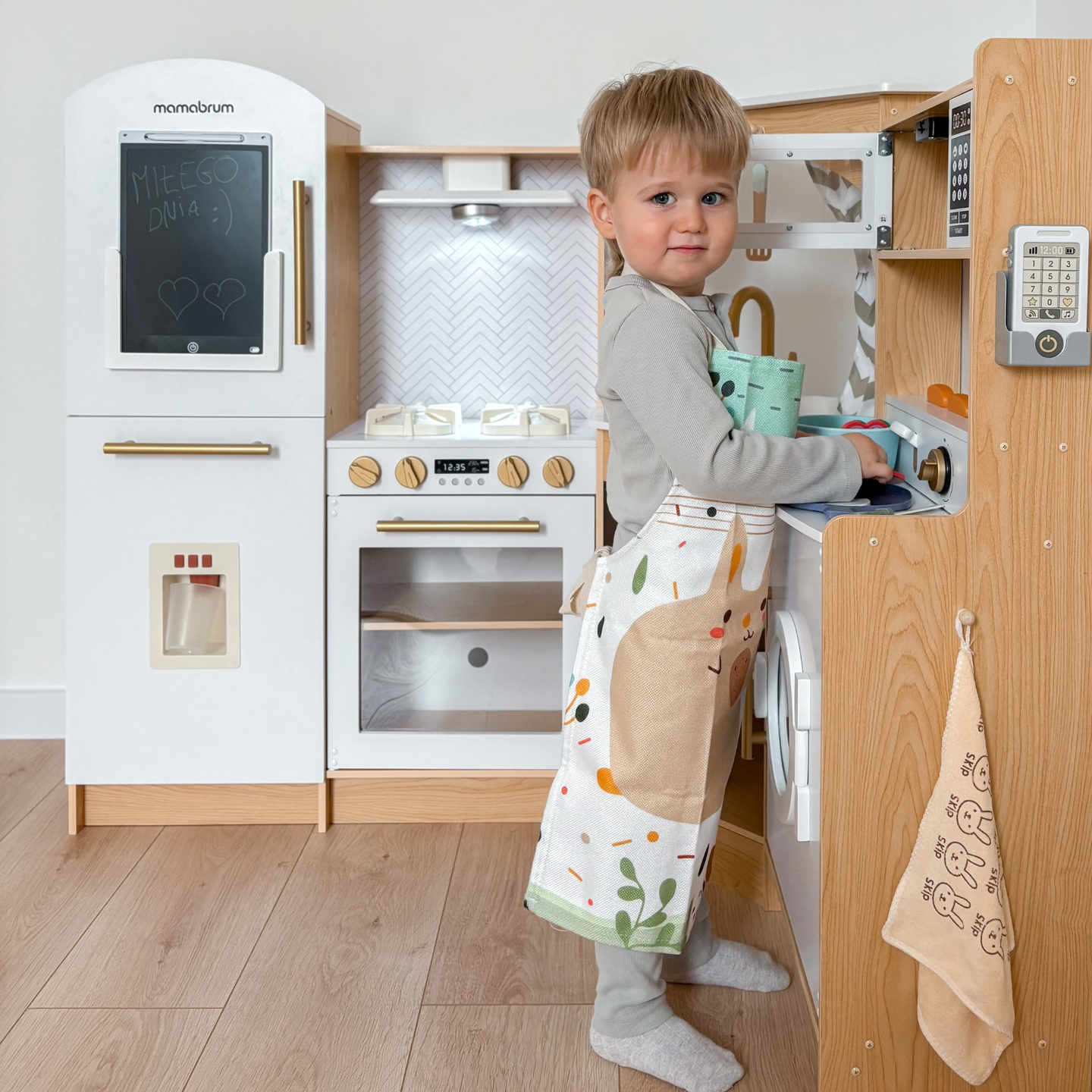 XXXXL gran cocina interactiva de madera con iluminación LED, lavadora microondas cafetera y juego de frutas y verduras - 50 elementos