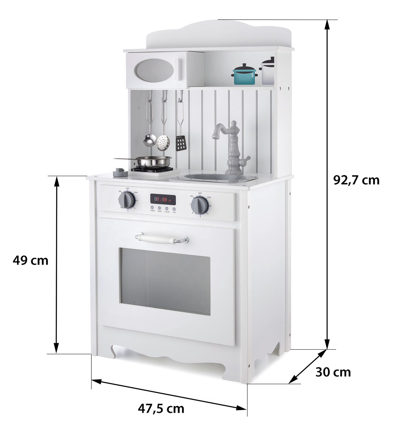 Cocina de madera blanca con delantal, accesorios y lámpara LED.