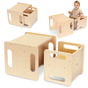 Mesa y silla de madera con función de trampolín: un conjunto Montessori multifuncional para niños