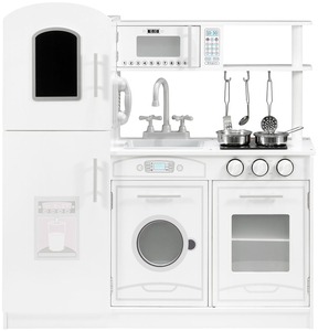 Grandes accesorios de cocina blancos de madera y delantal.