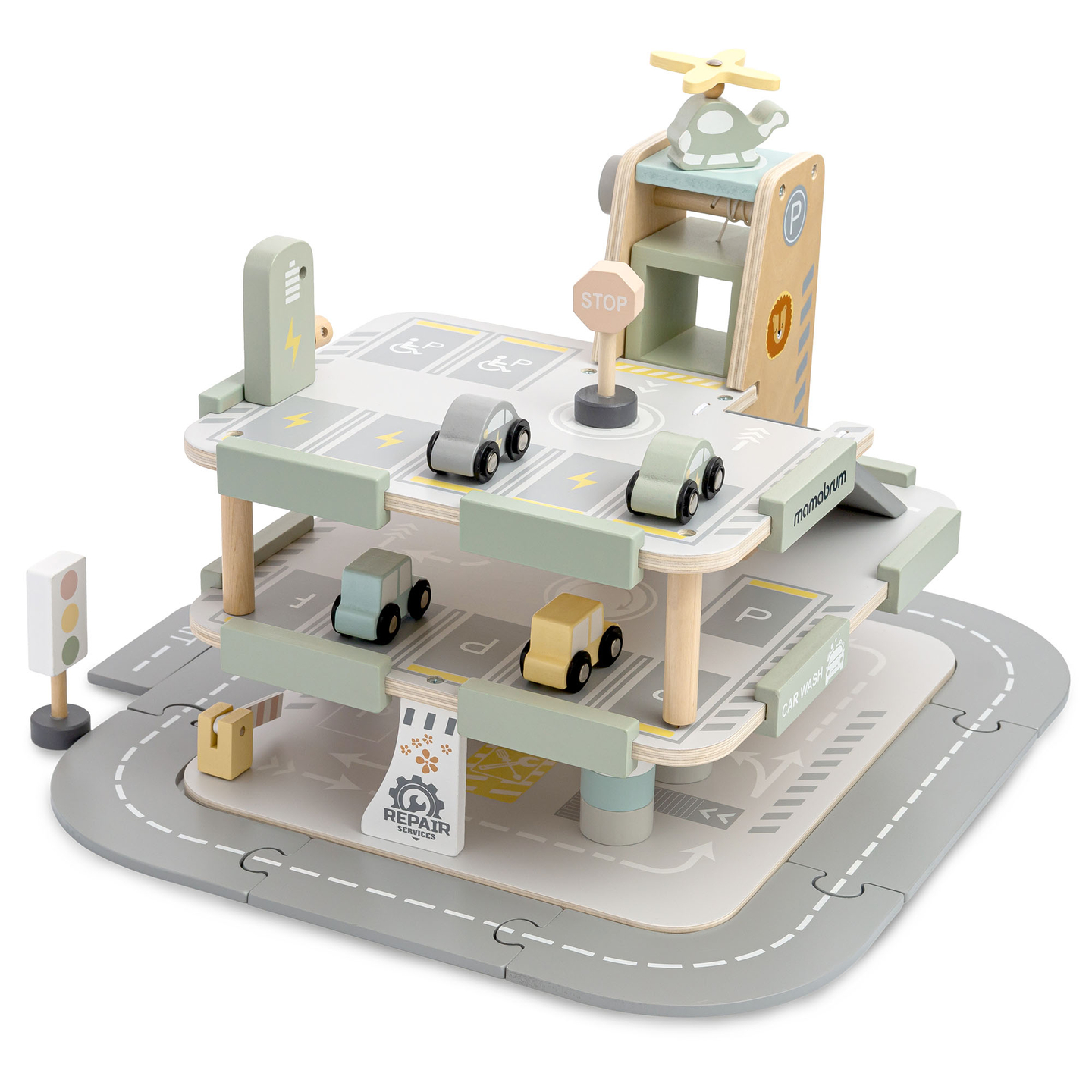 Garaje de madera de tres plantas para niños con accesorios: aparcamiento, gasolinera, lavadero de coches, helicóptero.
