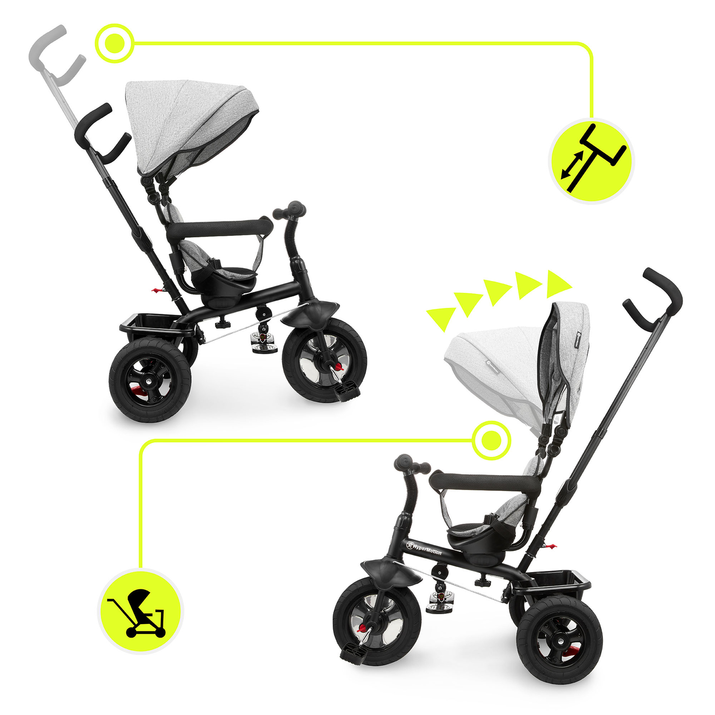 Triciclo para niños de 1 a 4 años - TOBI FREY - color gris - giratorio - ruedas hinchables + empujador