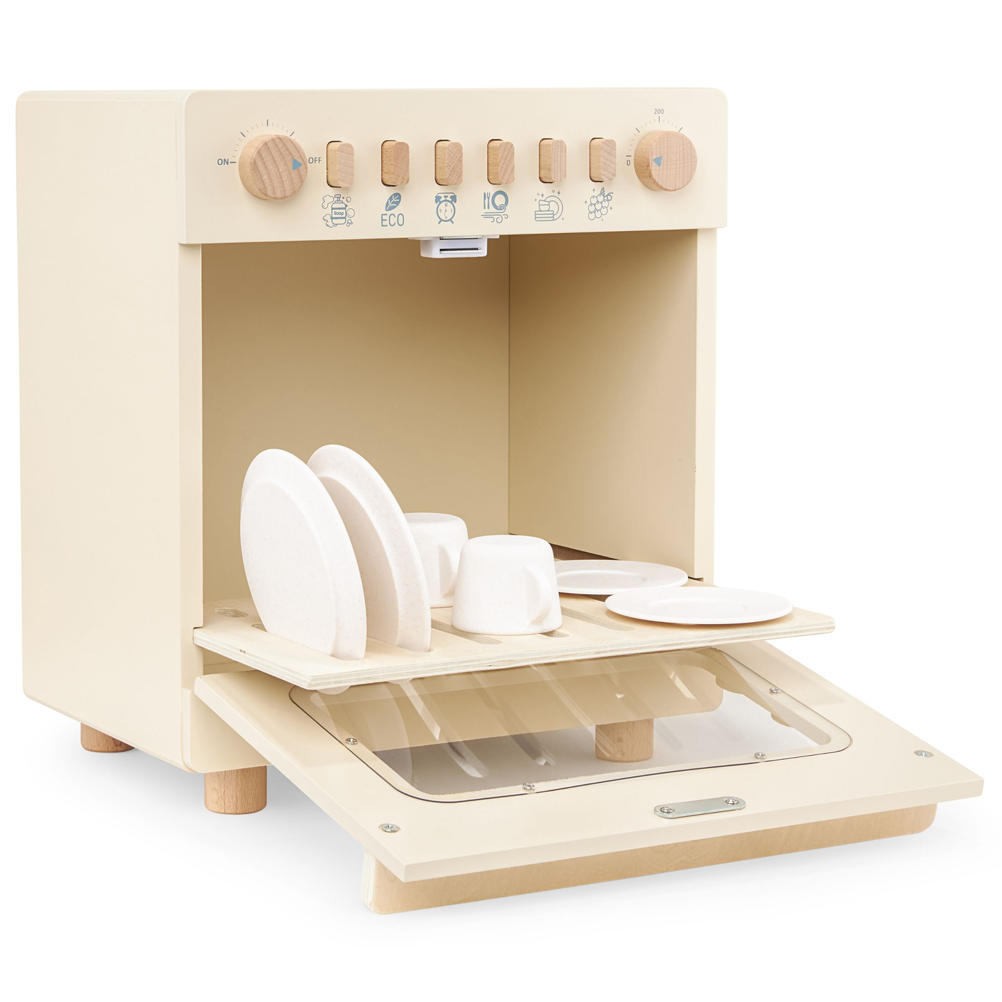 Lavavajillas de madera con accesorios.