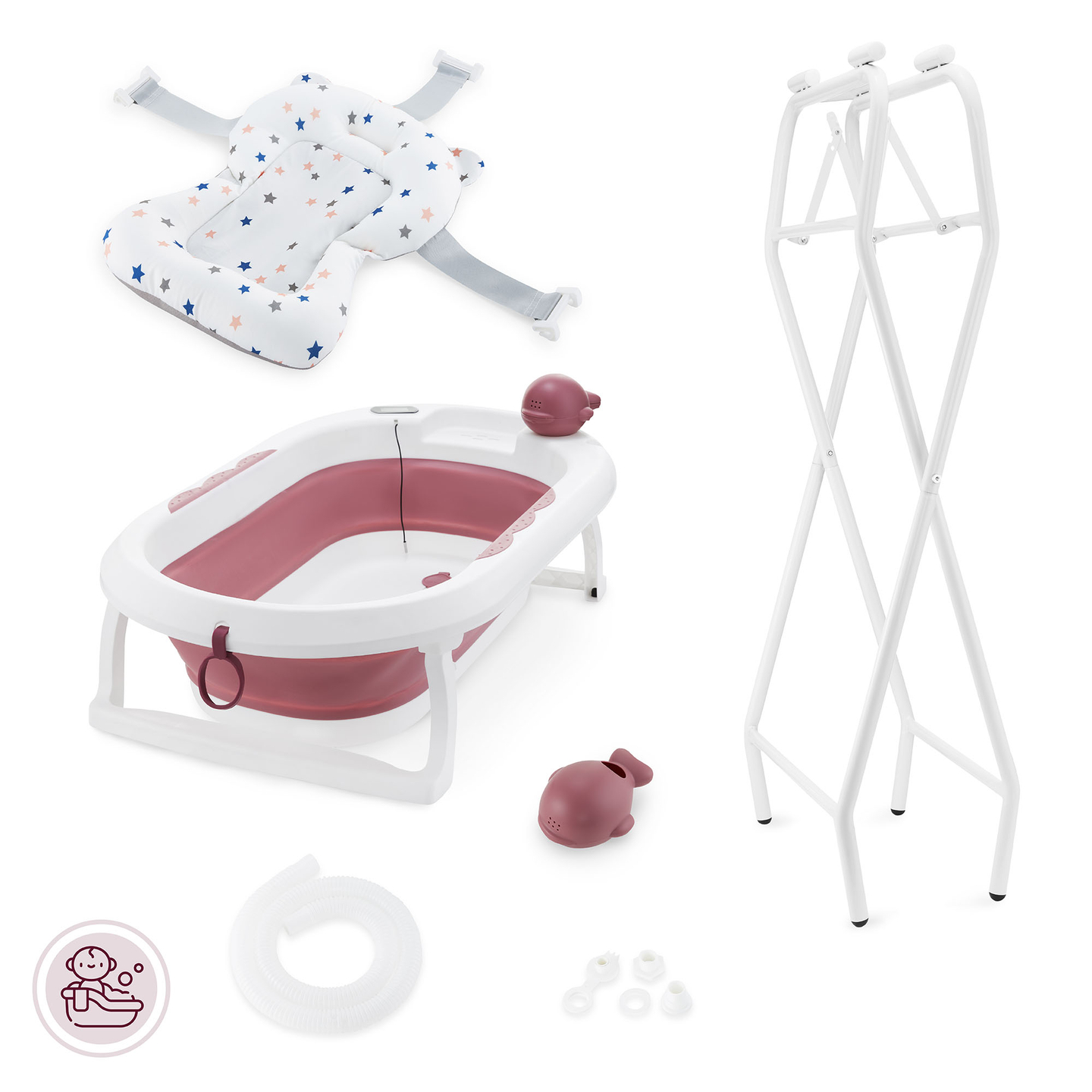 Bañera plegable para bebés con termómetro, inserto y soporte - color rosa sucio