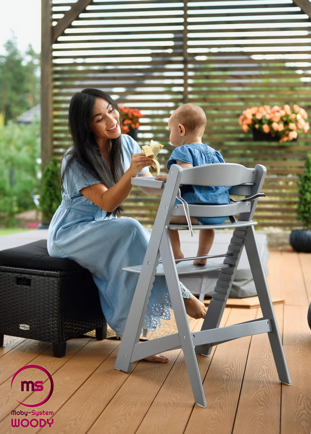 Moby-System WOODY Silla de alimentación de madera - color gris