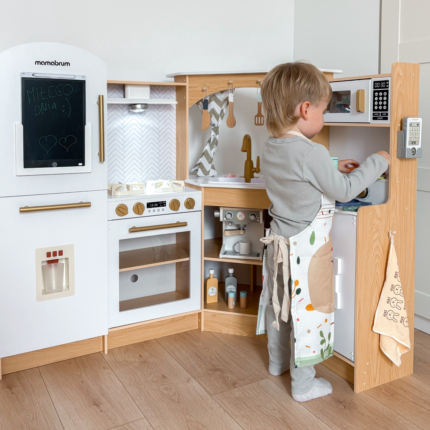 XXXXL gran cocina interactiva de madera con iluminación LED, lavadora microondas cafetera y juego de frutas y verduras - 50 elementos