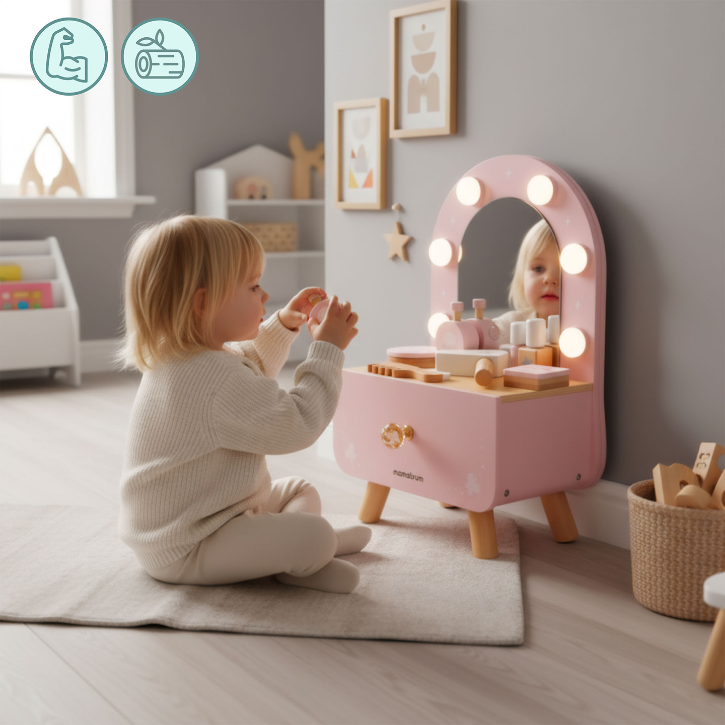 Mini tocador de madera para niños con accesorios e iluminación LED con ajuste suave de brillo.