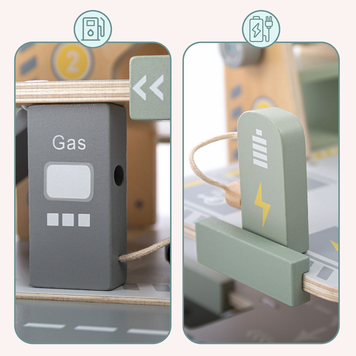 Garaje de madera de tres plantas para niños con accesorios: aparcamiento, gasolinera, lavadero de coches, helicóptero.