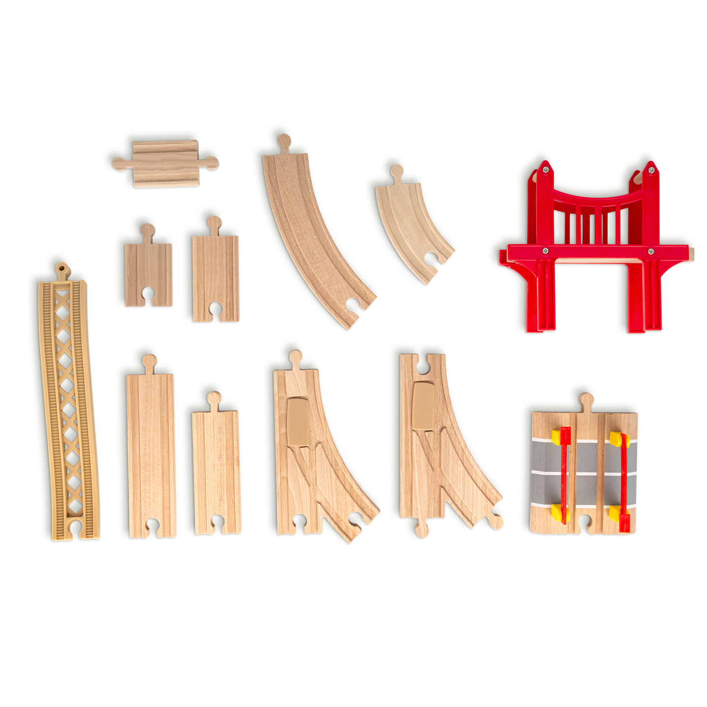 Ferrocarril urbano de madera con tren eléctrico: grúa móvil, barco, puentes