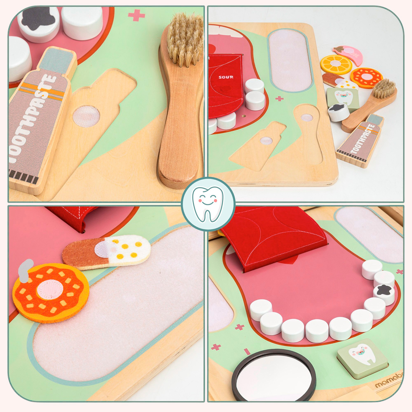 Tablero educativo Montessori de madera Pequeño Dentista: cepillo de dientes, pasta, dientes extraíbles, espejo, comida, sabores de aprendizaje
