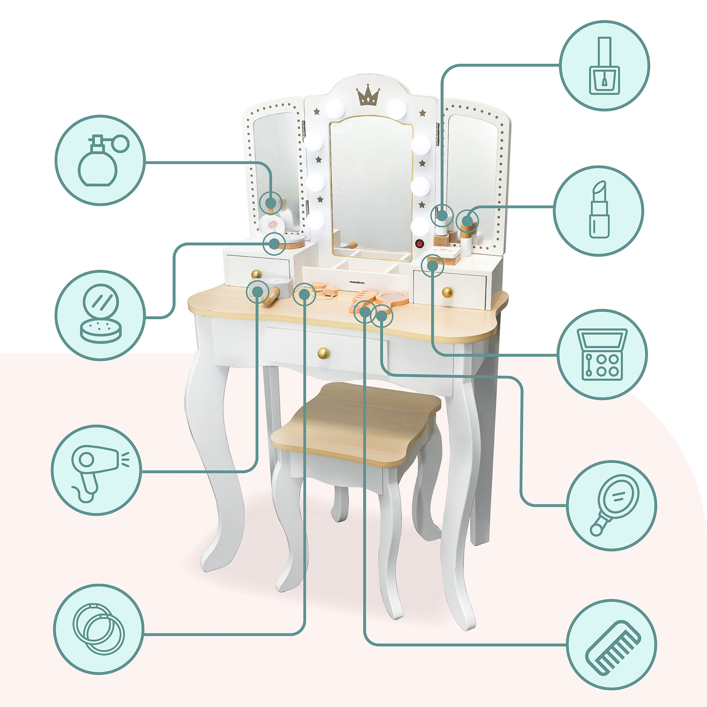Tocador de madera XXL con taburete e iluminación LED para niños + accesorios