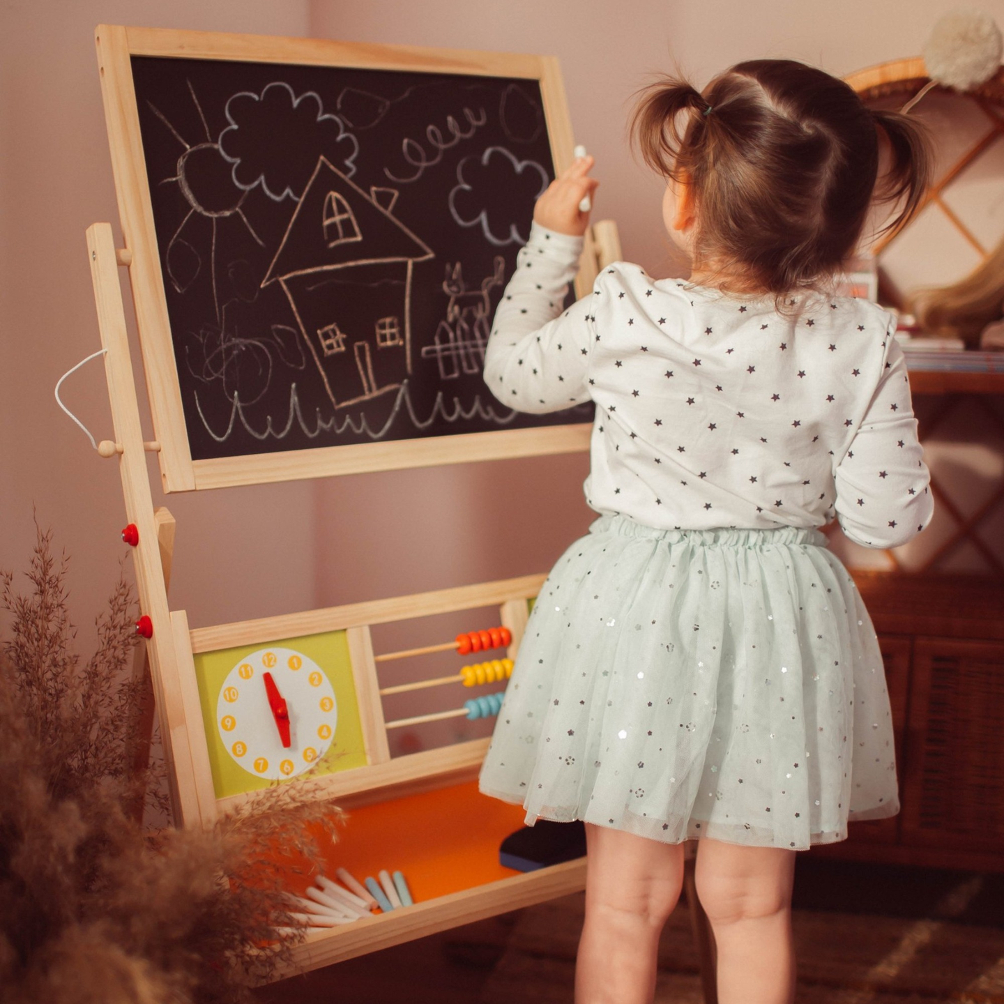 Gran pizarra educativa de dos caras: magnética y pizarra de tiza - pizarra de borrado en seco, madera