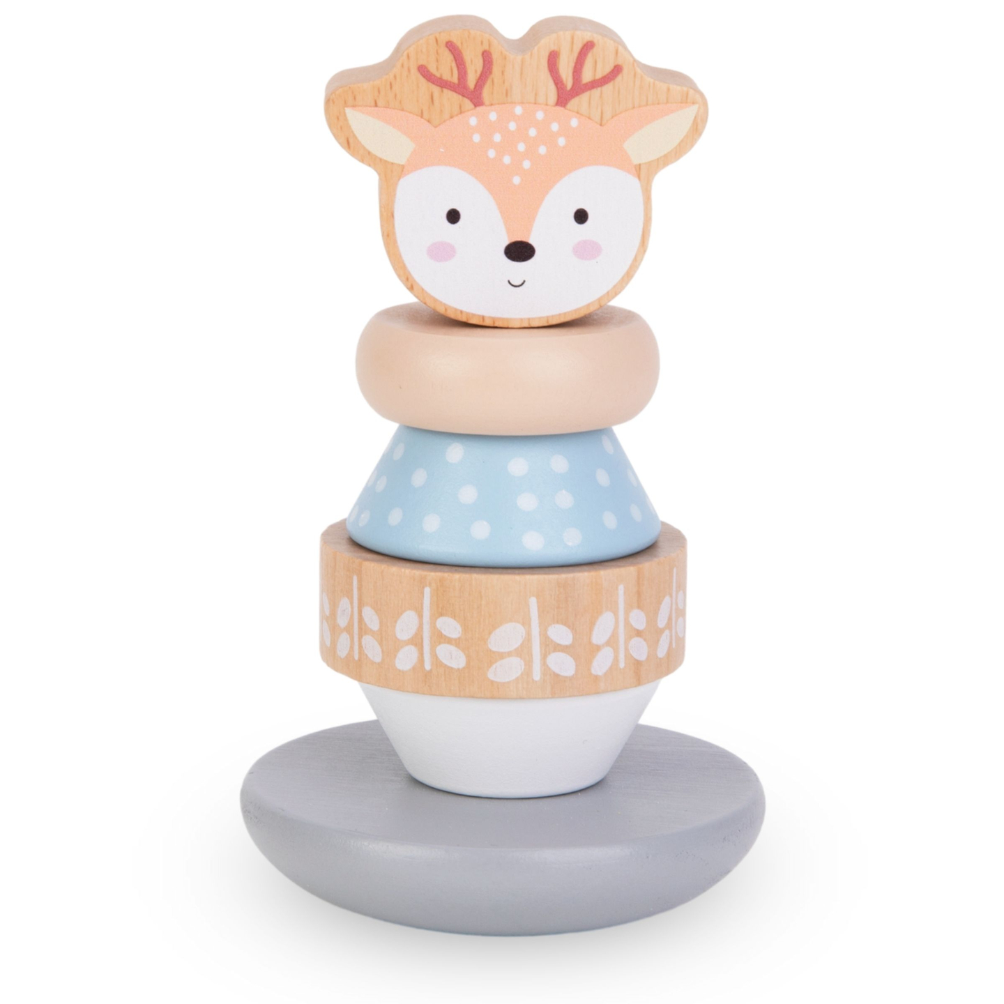 Un conjunto de juguetes de madera: un entrelazado de colores, una pirámide de ciervos y un clasificador de pingüinos.