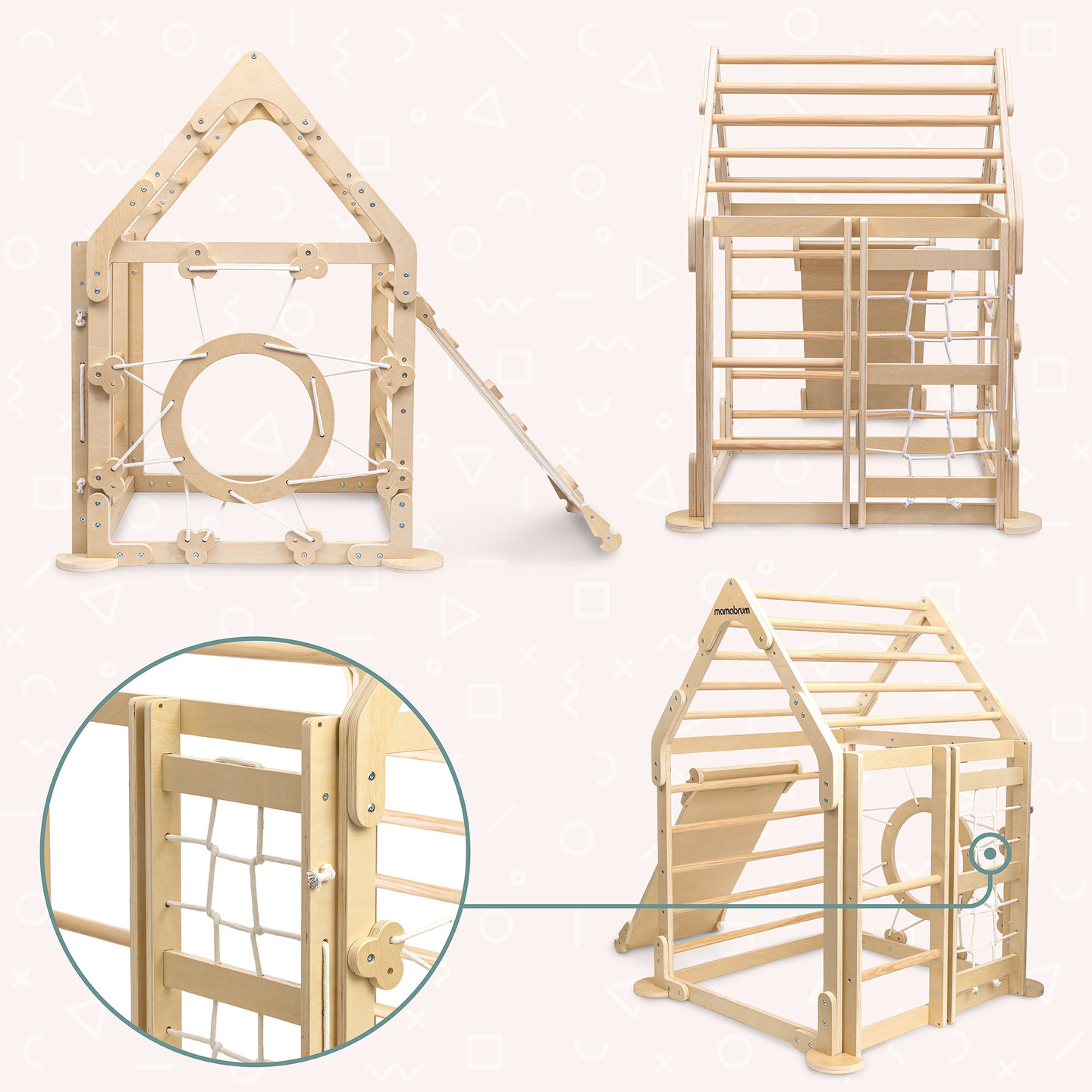 Parque infantil interior de madera: una casa con escaleras y tobogán.