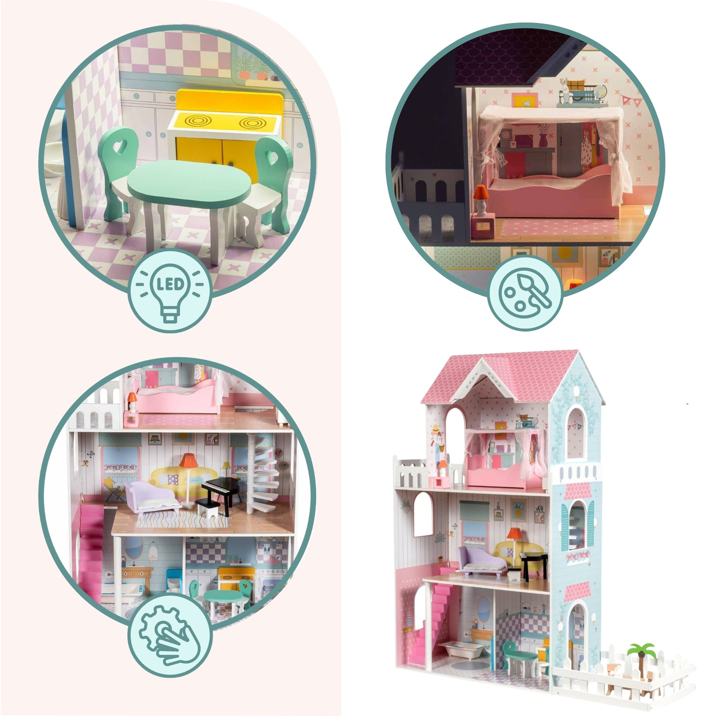 XXL La casa de muñecas de madera más grande - 123 cm - iluminada por LED - terraza, accesorios, jardín