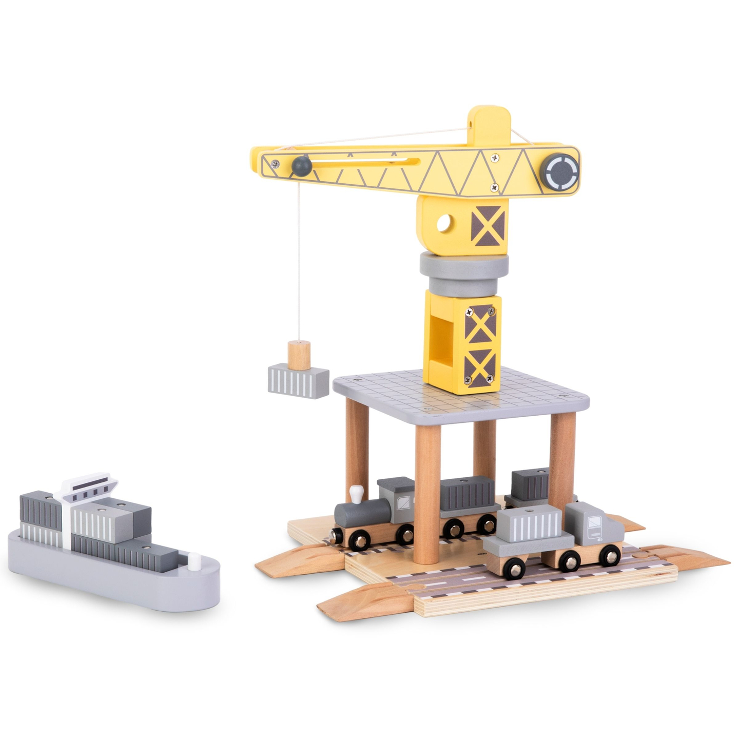 Grúa portuaria móvil con cabrestante magnético y accesorios - set de madera